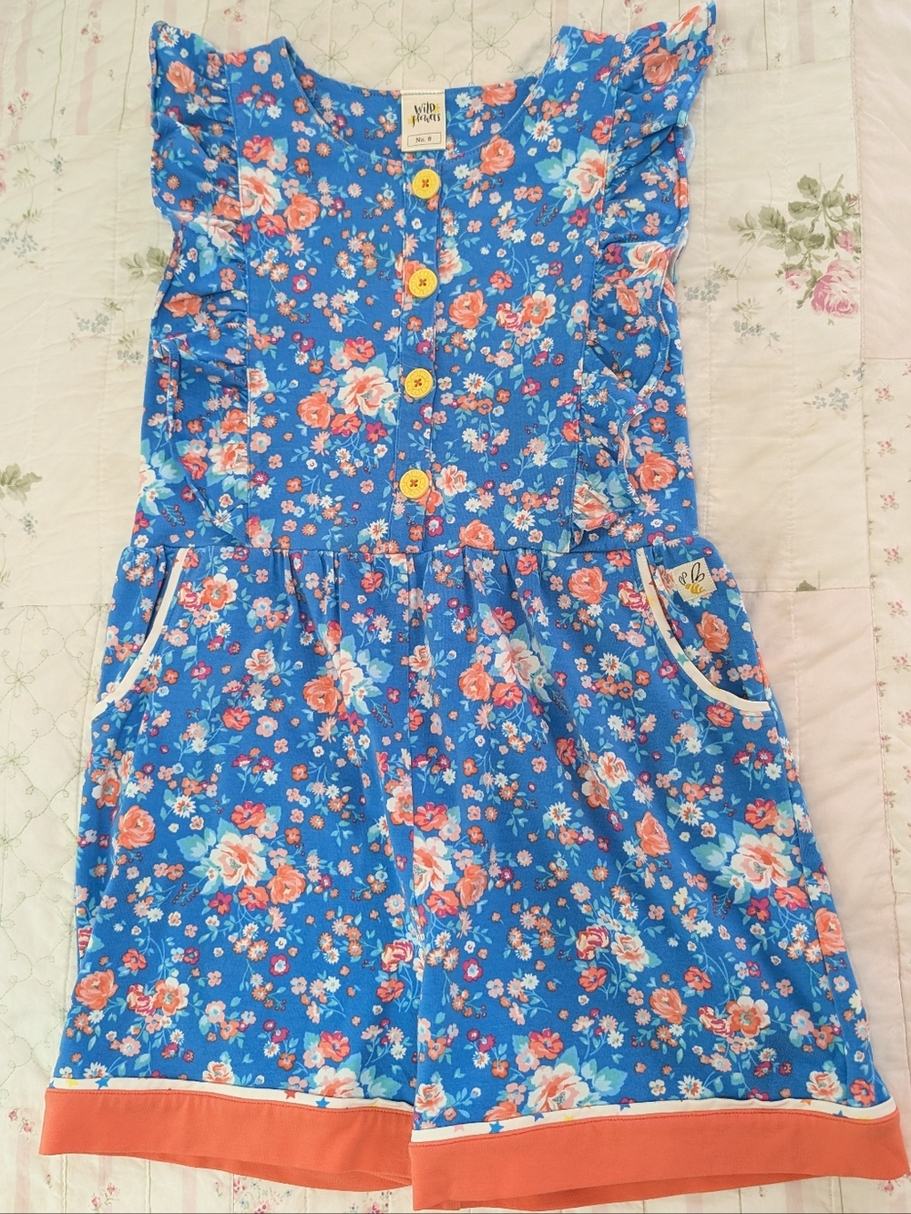 Wildflowers Blue Floral Girls' Romper with Coral Hem